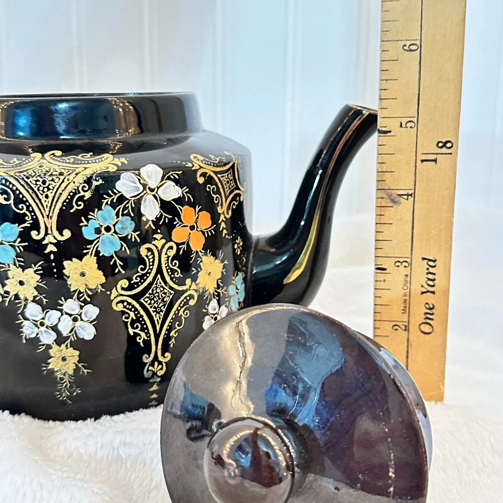 Vintage Hague Teapot Dark Hand Painted Floral Made in England Cottagecore Glazed